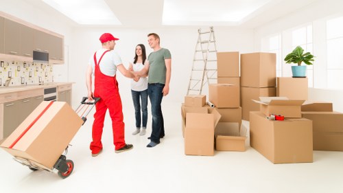 Packed boxes and furniture prepared for a residential move